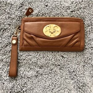 Emma Fox Brown Leather Wristlet with Gold-Tone Logo